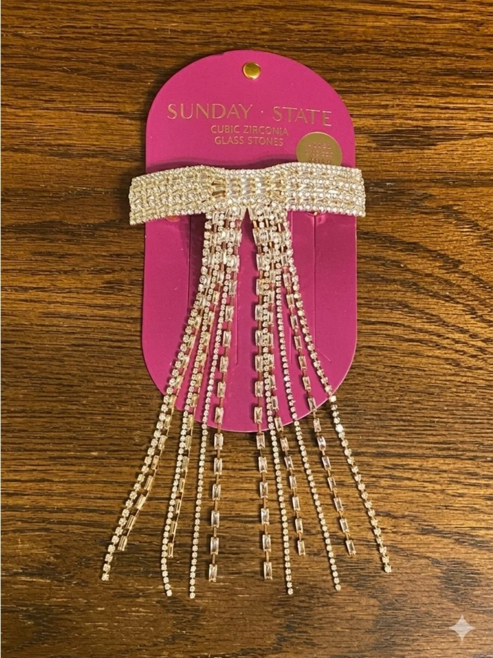 Sunday State Gold Rhinestone Crystal Bow Hair Clip Fringe Tassel Barrette NWT